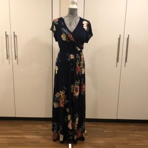 Navy floral Stretch faux wrap maxi dress